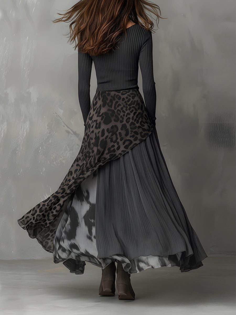 Robe longue bohème à imprimé léopard, rayures et ourlet irrégulier