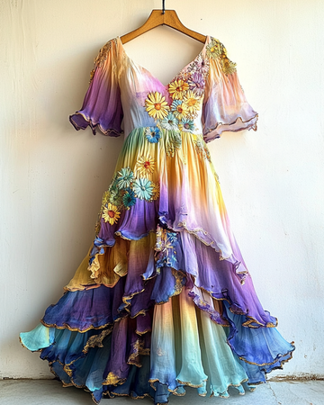 Vestido Irregular Dourado com Babados e Bordado de Margarida df21