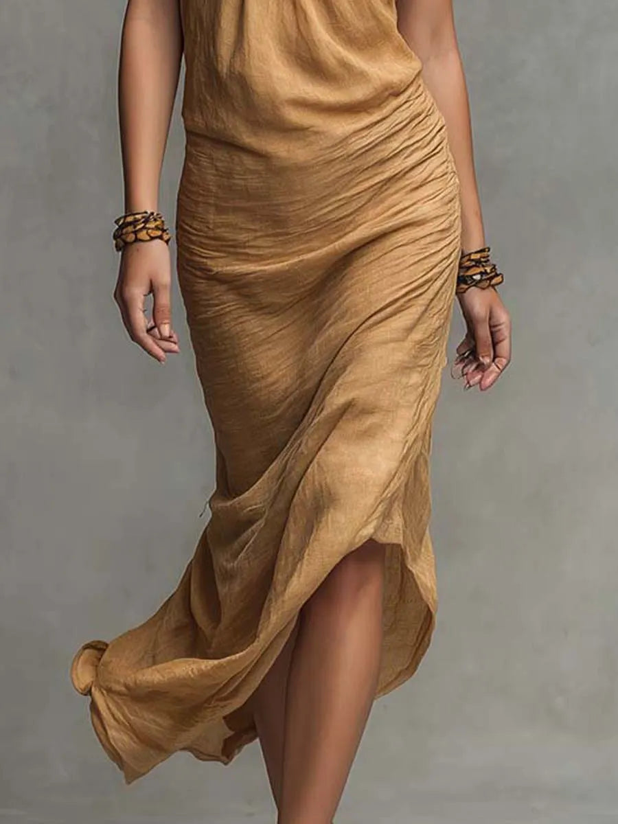 Robe midi bohème croisée à licou et à fronces en lin