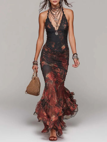 Vestido longo de renda e tela estilo vintage com decote frente única