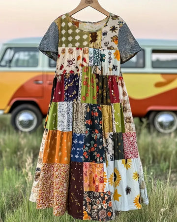 Vestido de verão solto de algodão e linho com patchwork 2d36