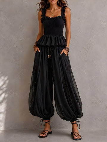 Completo due pezzi peplum smock nero Boho Chic