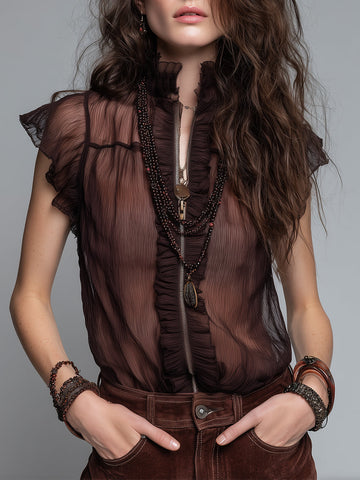 Retro Stand-Collar Front-Zip Crinkled Chiffon Blouse