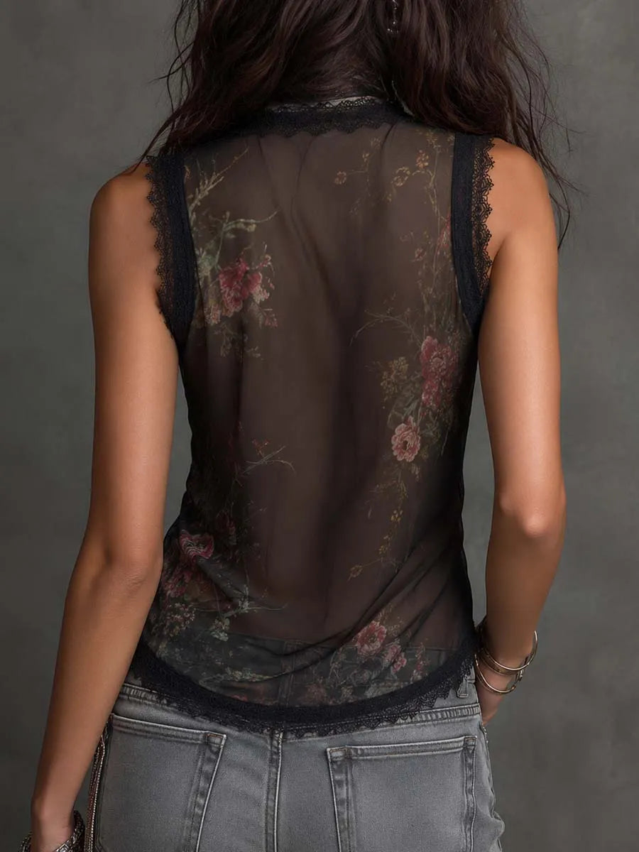 Gilet transparent vintage à imprimé floral et bordure en dentelle