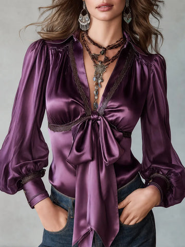 Blusa Boho De Cetim Com Gola Laço E Manga Bufante