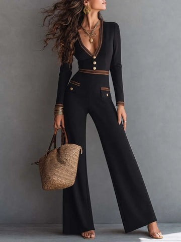 Retro Long-sleeve Contrast Trim Jumpsuit