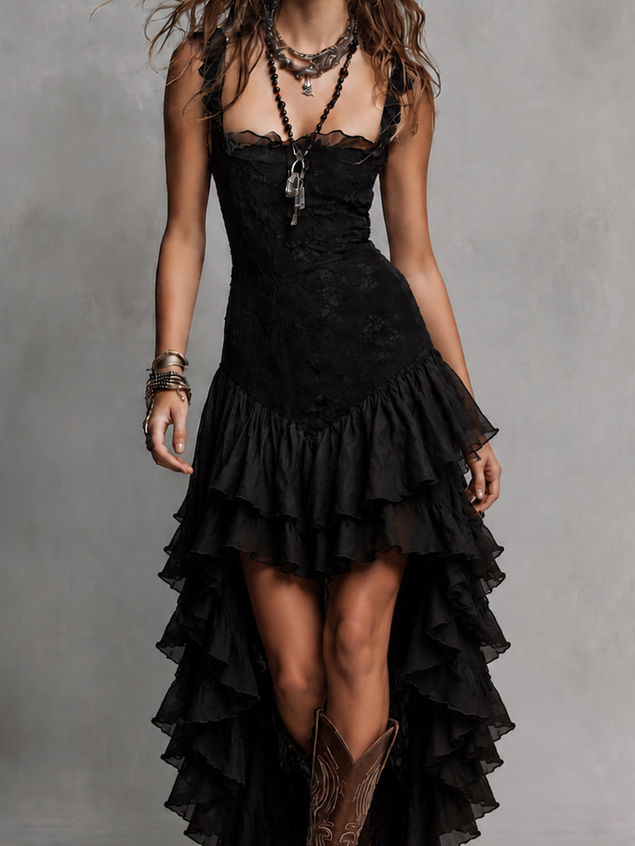 Gothic Lace Multi-Layer Ruffle High-Low Hem Maxi Dress