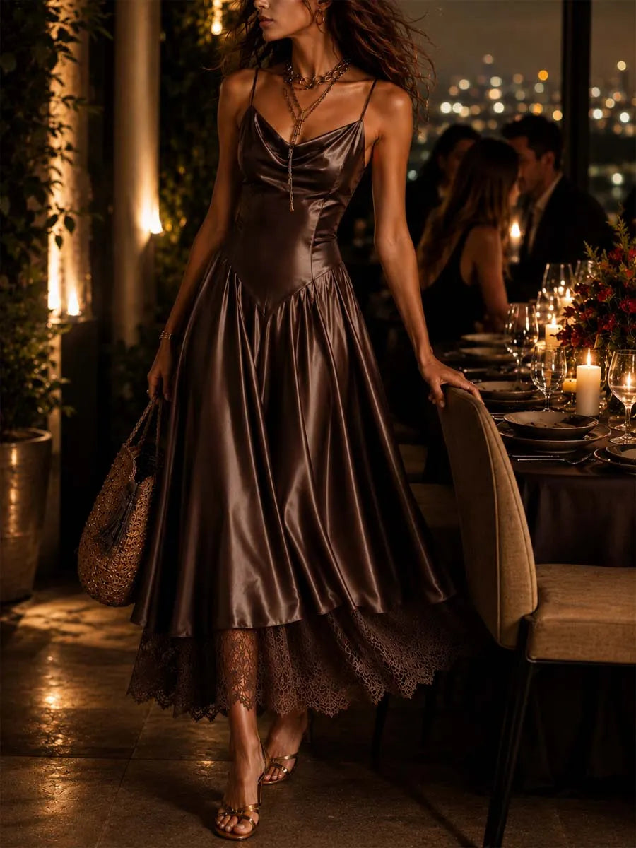 Elegant Draped Cowl Neck Satin Spaghetti Strap Midi Dress With Lace Hem Underlayer