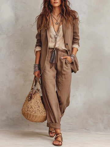 Conjunto Coordenado de Algodão e Linho Estilo Vintage