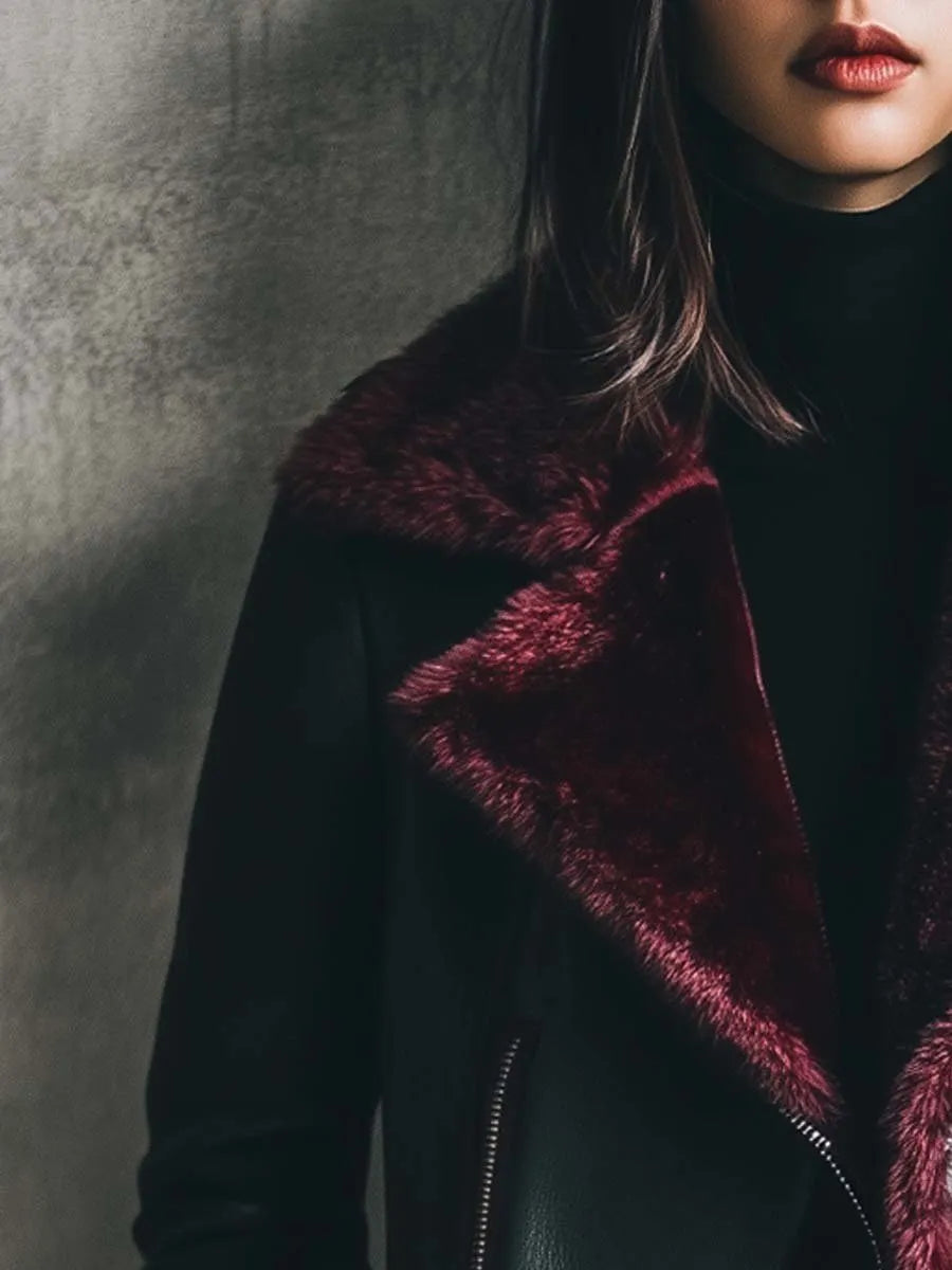 Women's Retro Contrast Color Fur Collar Leather Jacket