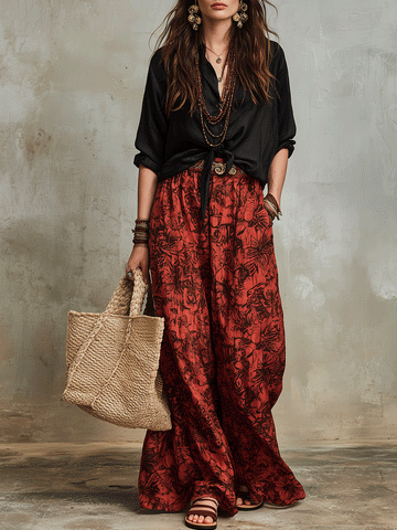 Vintage Boho Red Print Flowing Palazzo Pants And Black Shirt Set