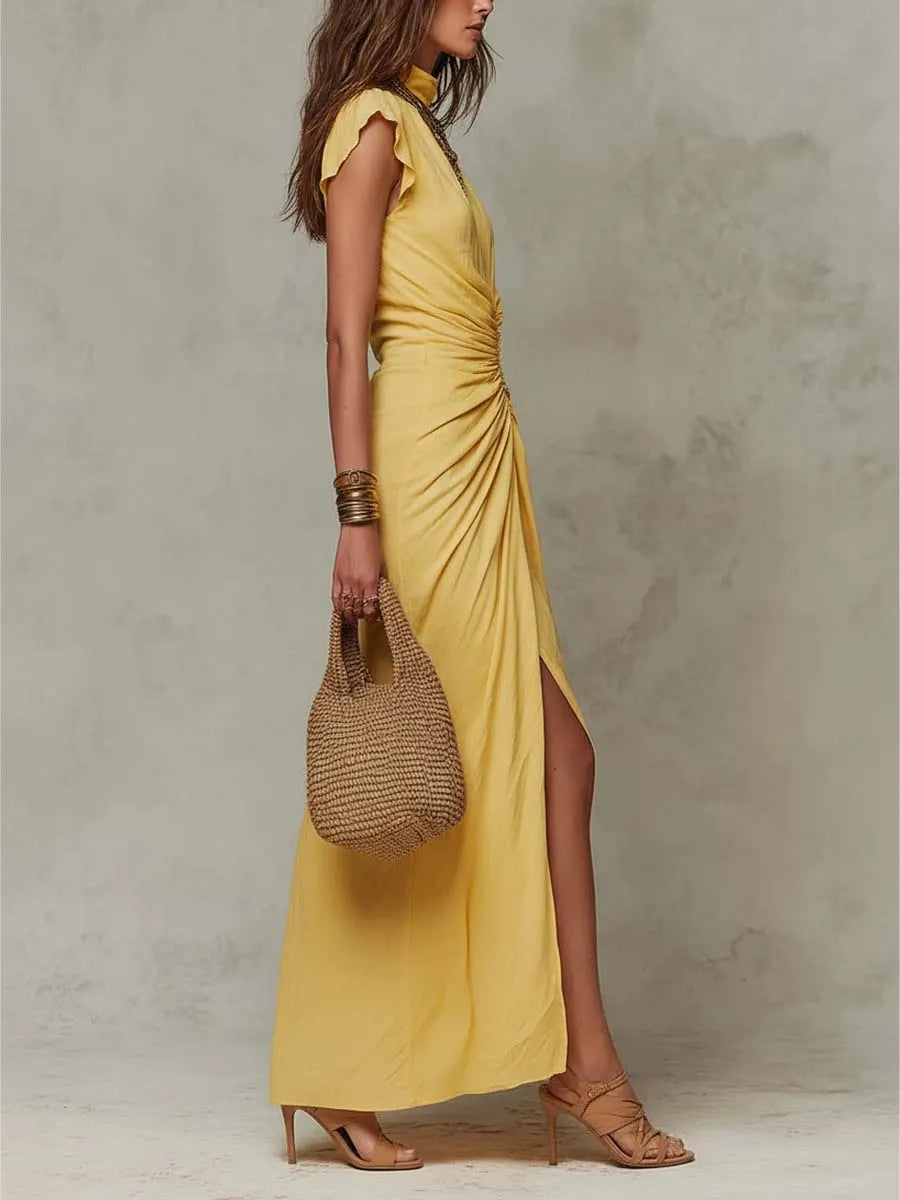 Bohemian  Cotton High Neck Ruched Wrap Maxi Dress