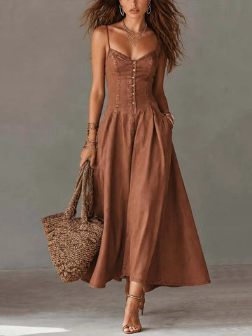 Vestido Midi Jeans de Alcinha Estilo Vintage
