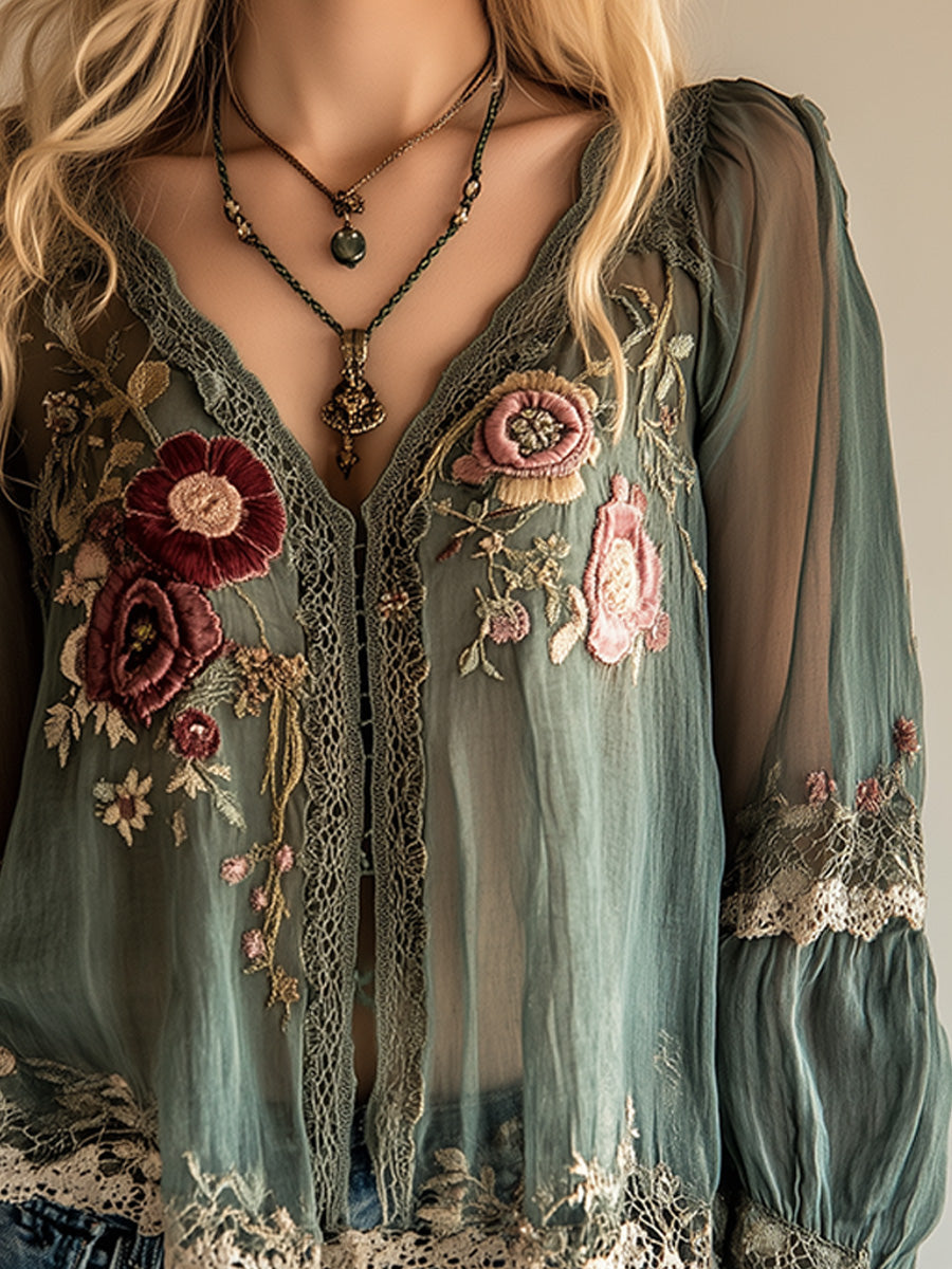 Camicia bohémien vintage verde ricamata