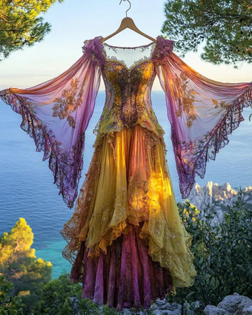 Vestido Contraste de Renda com Babados Férias de Verão 494d