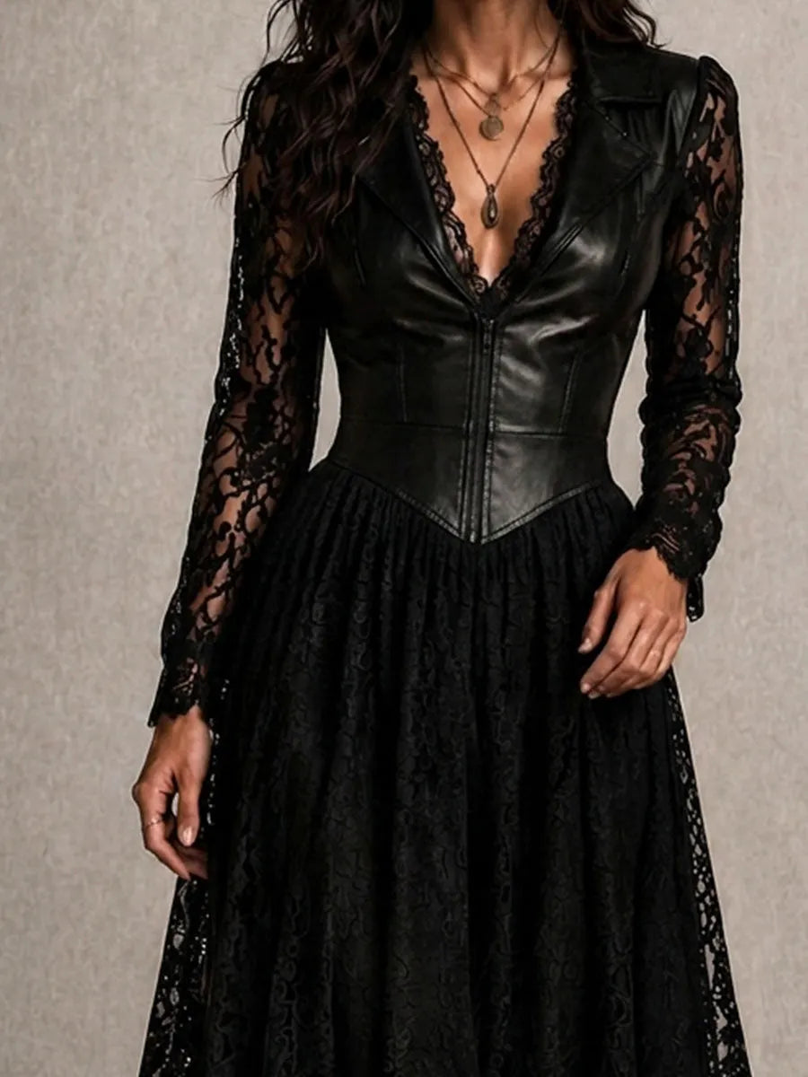 Robe mi-longue rétro gothique en similicuir épissé avec col en dentelle