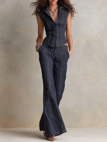Conjunto Duas Peças Corset Jeans Escuro Retrô e Calça Flare Cintura Alta