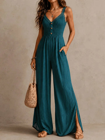 Boho Teal Lace-Trimmed Wide-Leg Jumpsuit