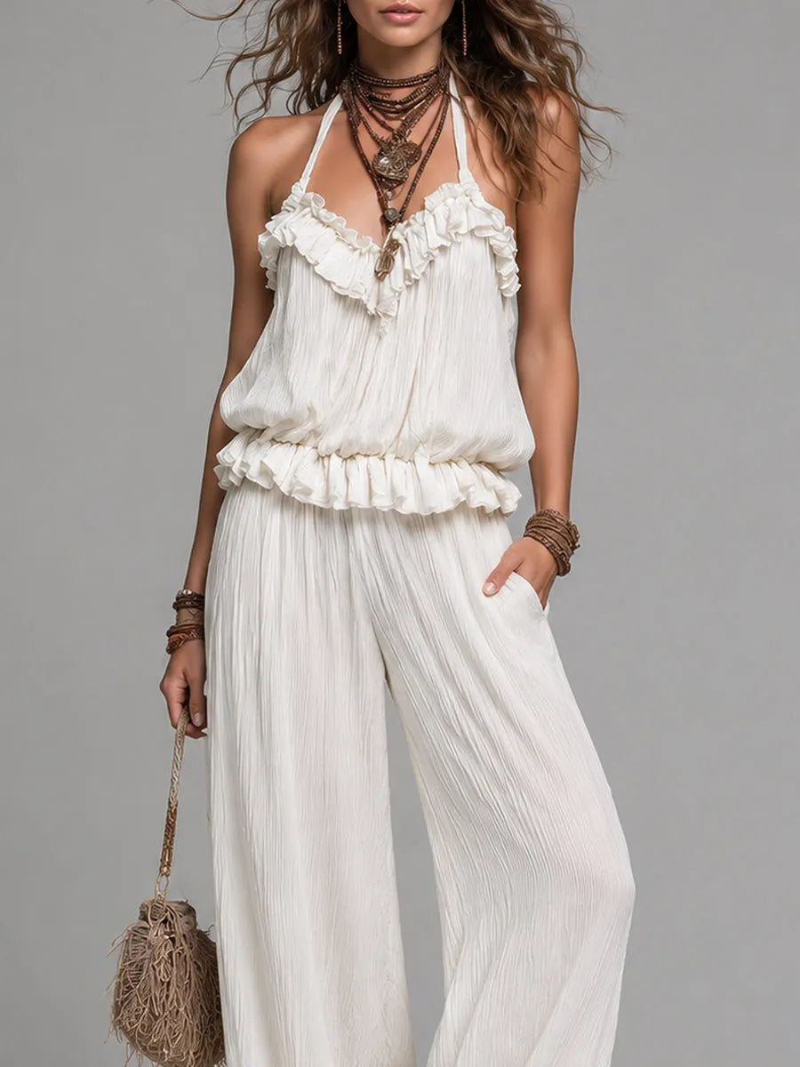 Ensemble top dos nu volanté rétro et pantalon large en mousseline froissée