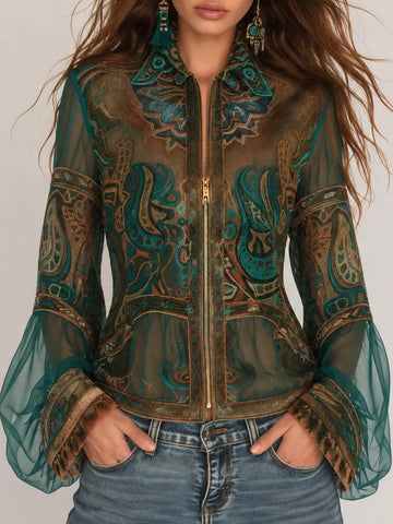 Jaqueta Cropped de Manga Larga em Renda com Gola e Estampa Paisley Boho e Zíper Inteiro