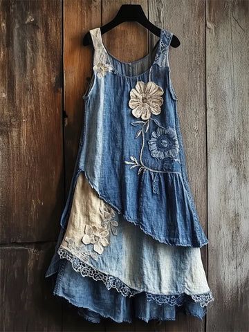 Vestido Regata Camadas de Renda Têxtil Jeans Floral