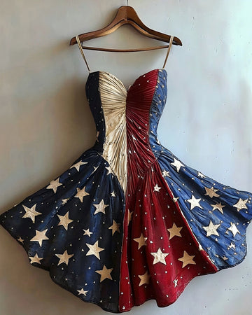 Vestido estampado temático Dia da Independência dourado 7ba3