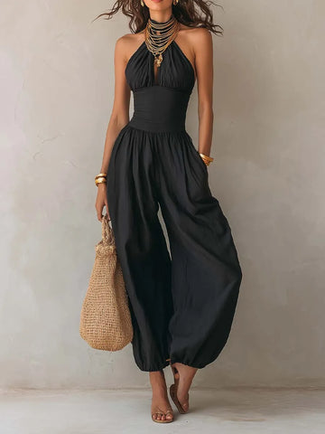 Macacão Boho com Decote Halter, Abertura Frontal e Perna Balão