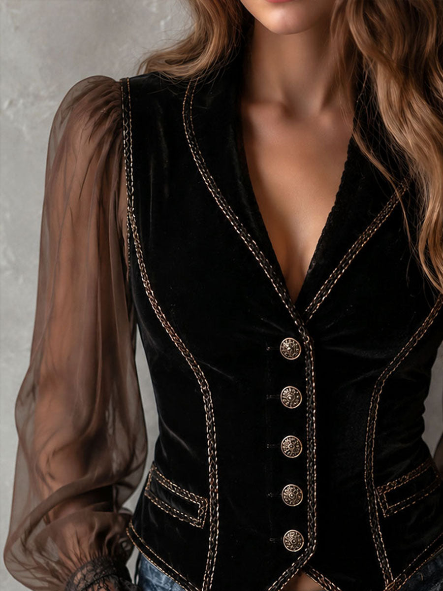 Gilet vintage en velours noir à coutures contrastées avec manches en mousseline transparente