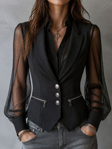 Colete preto retrô com lapela e bolso com zíper e camisa plissada transparente 2 peças
