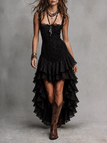 Gothic Lace Multi-Layer Ruffle High-Low Hem Maxi Dress