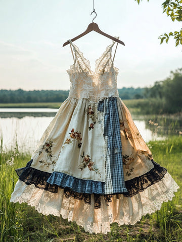 Robe d'été faite à la main en dentelle et carreaux patchwork 522e