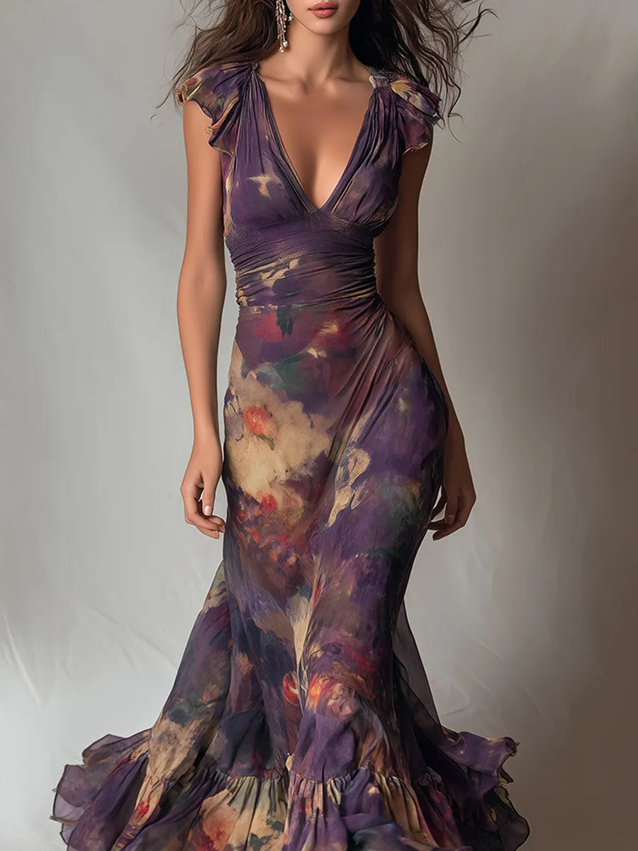 Robe longue à col en V et volants Monet Garden