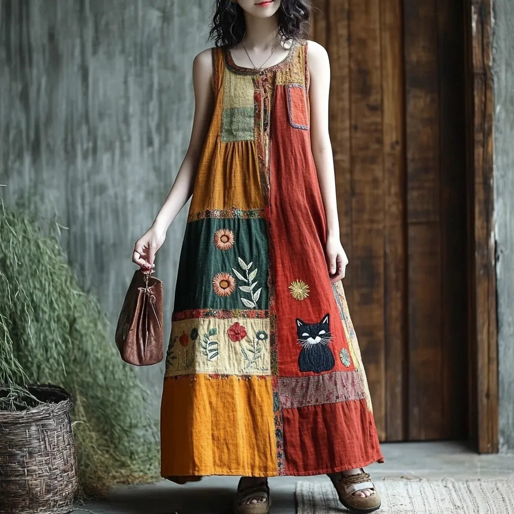 Robe longue gilet en lin à patchwork floral bohème et chat af40