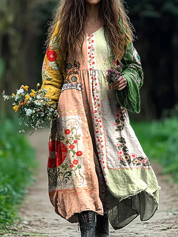 Robe en coton et lin à motif floral tribal vintage pour femme 2912