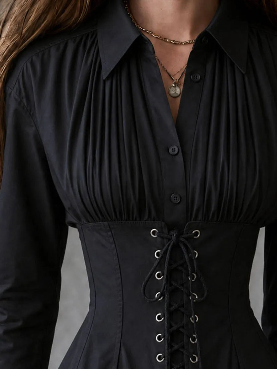 Chemise Corset Vintage Noire Plissée sur le Devant avec Col et Lacets