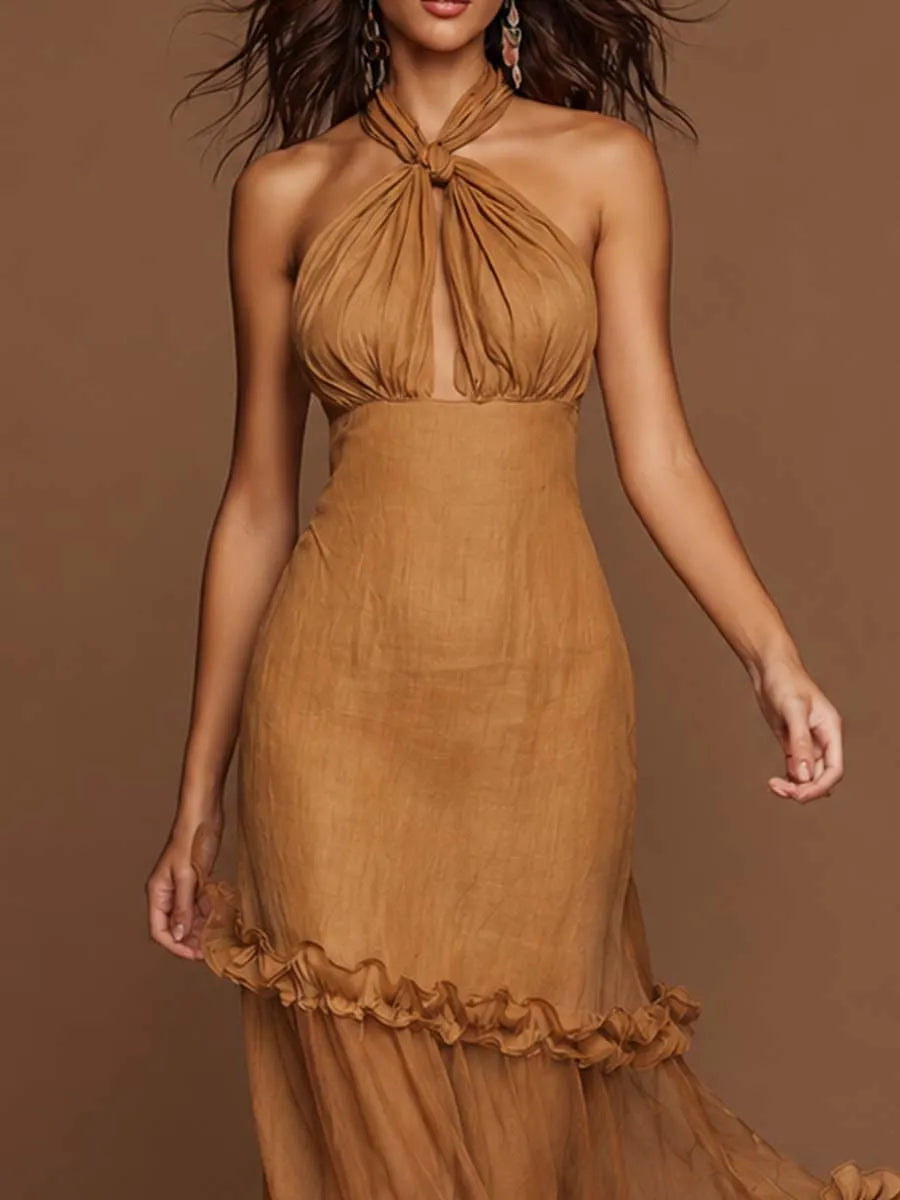 Robe midi élégante en mélange Tencel-lin, à nouer au cou, avec découpe en trou de serrure et volants étagés