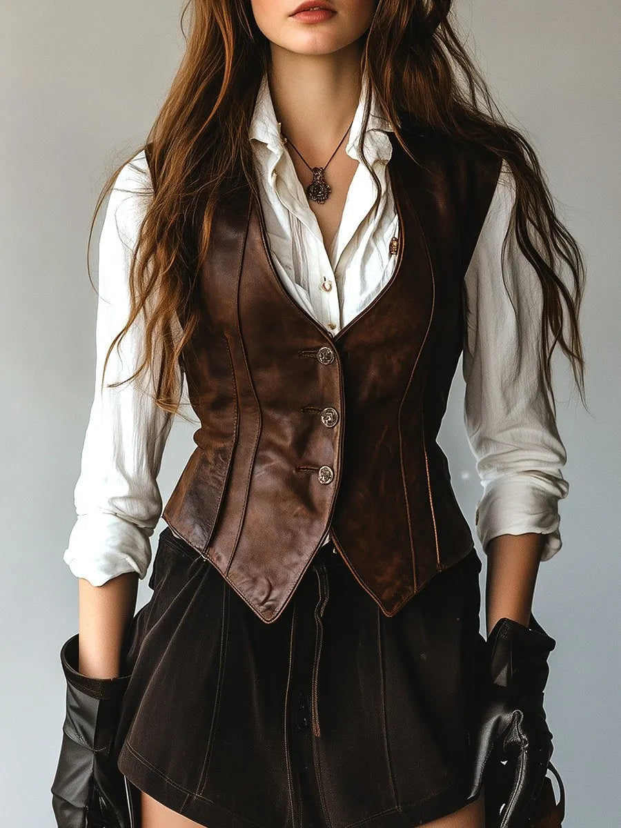Gilet en cuir rétro boutonné à taille cintrée