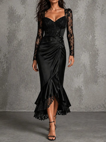 Elegante Abito Midi da Sera in Raso con Pizzo Nero a Cuore e Drappeggio a Sirena