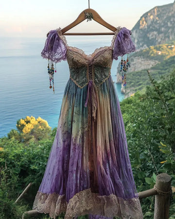 Vestido maxi de verão com babados e renda contrastante bc95