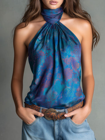 Blusa Halter Retrô de Cetim Acetinado Verde-azulado Estampado Floral com Gola Alta