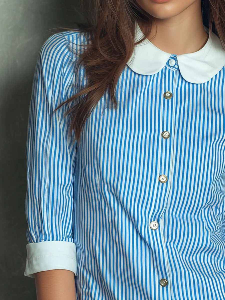 Camicetta a righe blu in cotone con colletto alla Peter Pan in stile Boho