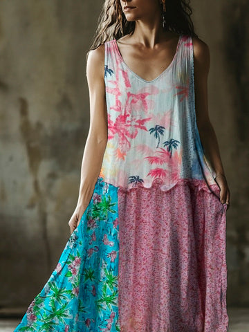 Vestido regata de linho floral vintage feminino dd4e
