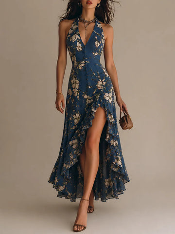 Vestido Maxi Estampado Vintage com Gola Halter, Fenda Alta e Barra com Babado