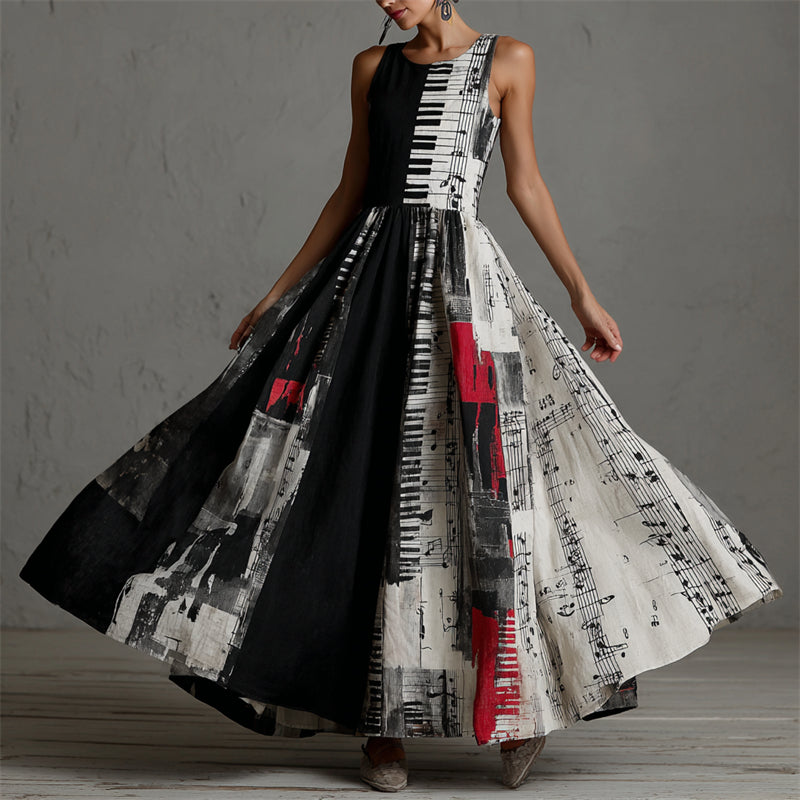 Robe longue en lin contrastante avec motifs notes de musique et touches de piano 43c1