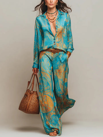 Conjunto Brilhante com Estampa Paisley Azul e Dourada