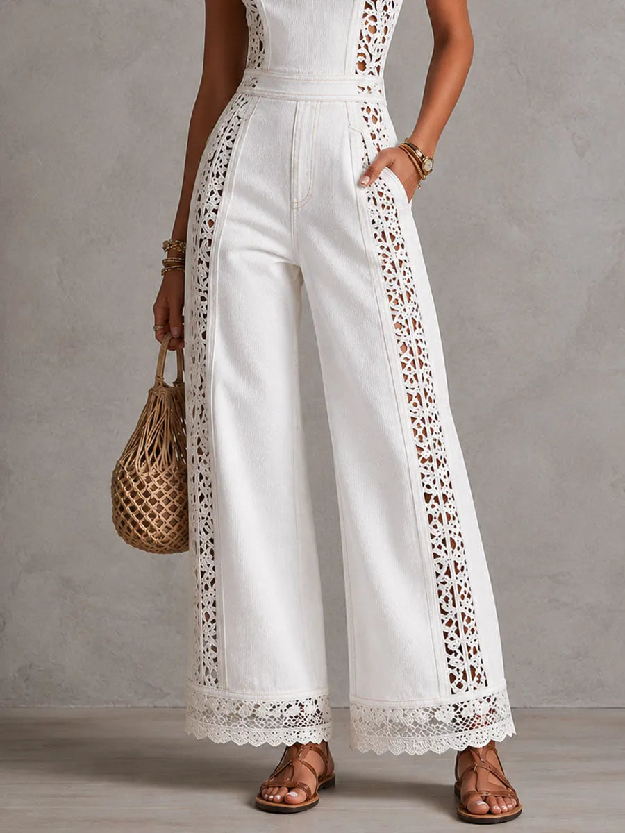 Combinaison Bohème Blanche en Jean Coupe Large à Col Carré et Dentelle au Crochet