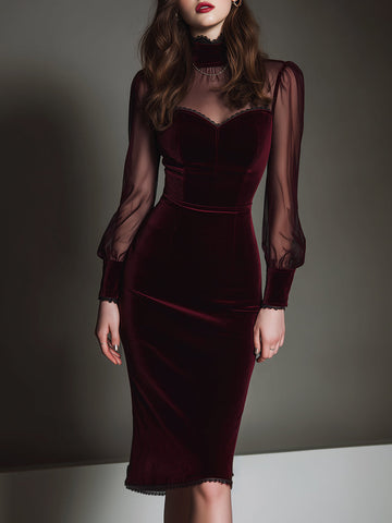 Vestido Midi Slim Elegante com Decote Coração em Poliéster e Veludo Telado com Detalhes Pes pontados