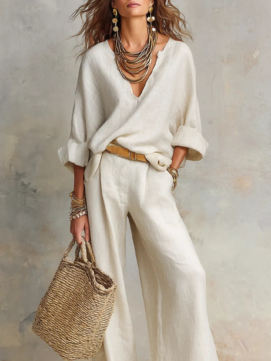Ensemble de vêtements de villégiature amples en lin naturel blanc cassé
