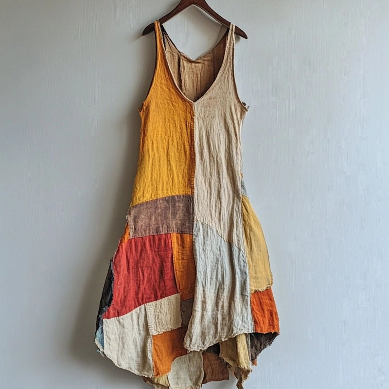 Vintage Patchwork Art Linen Blend Midi Dress 1c2c