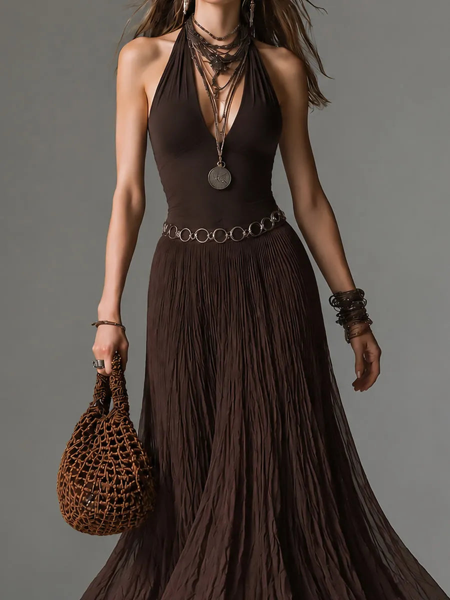 Boho Halter-neck Pleated Chiffon Maxi Dress With Belt